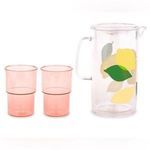 Kate Spade Lemon Pitcher Set w 2 Cups Lemonade Stand Hostess Gift Acrylic NIB